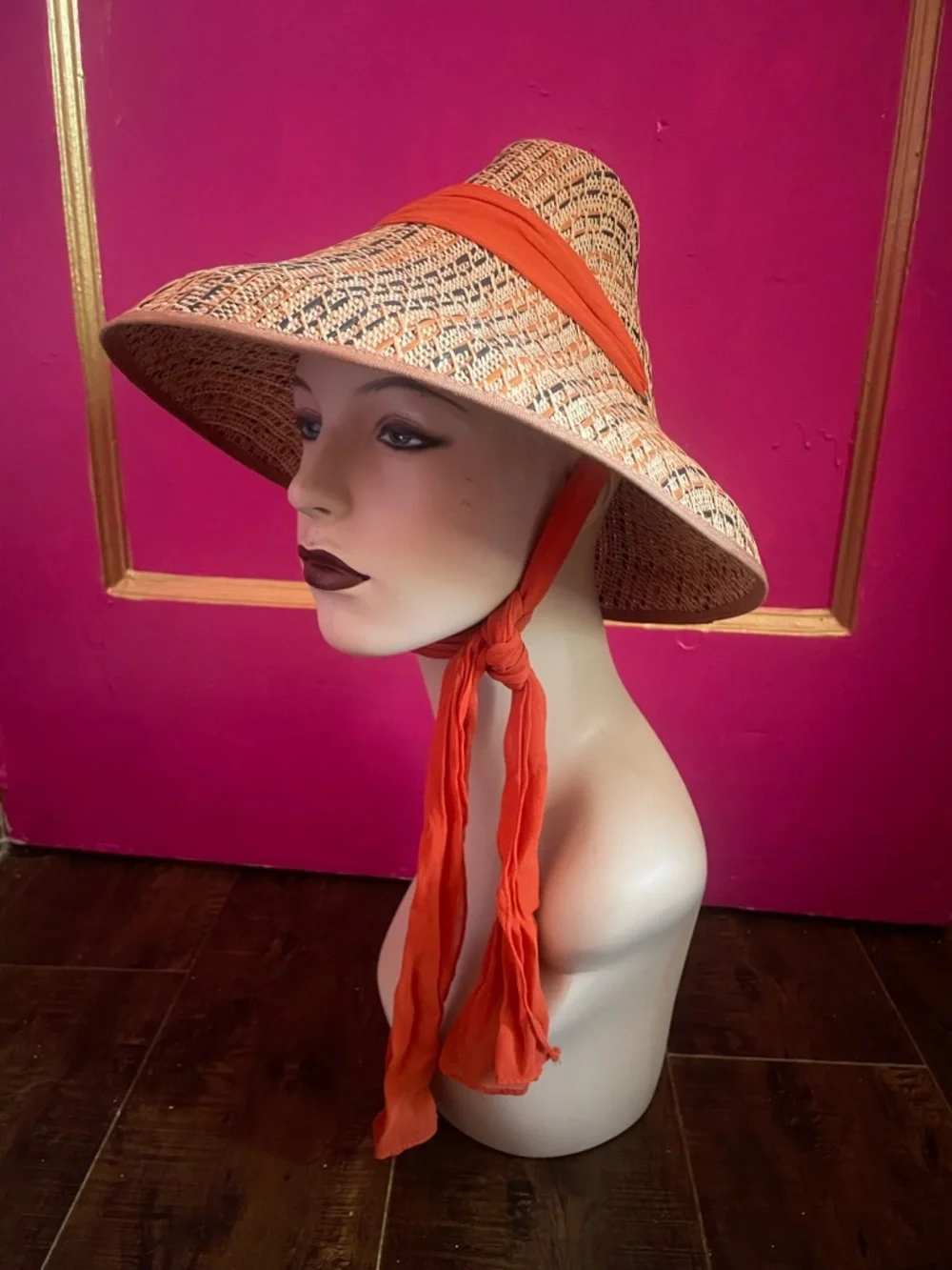 Vintage 1950’s Straw Sun Hat with Orange chiffon ribbon and Cherry Accent